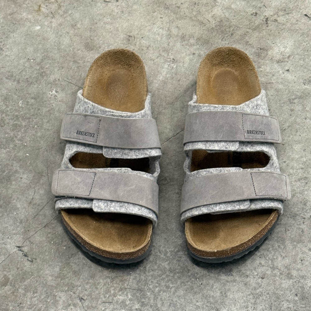 Birkenstock Light Gray Suede Two-Strap Slide Sandals - Picture 4 of 6
